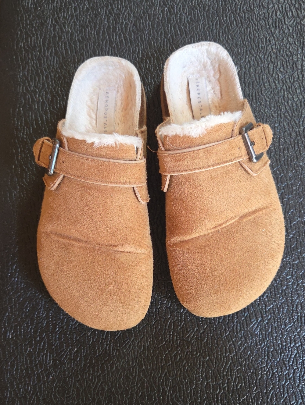 Aeropostale Womens Tan Suede Slip-On Clog with Faux Fur Trim